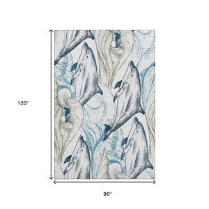 HomeRoots 8' X 10' Nautical Washable Area Rug - Ivory, Denim Blue & Taupe with UV Protection for Indoor/Outdoor Use 645467