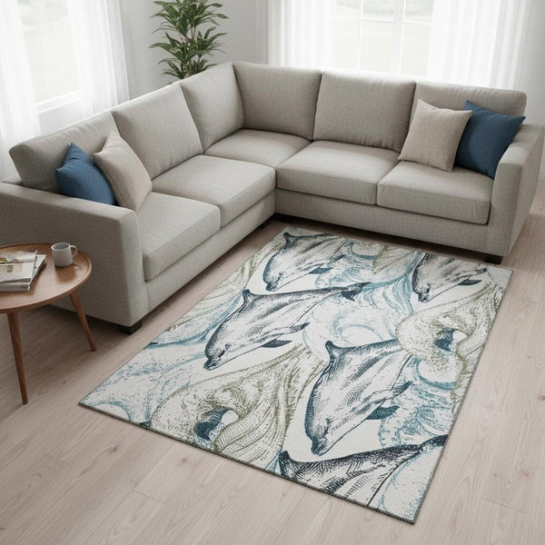 HomeRoots 8' X 10' Nautical Washable Area Rug - Ivory, Denim Blue & Taupe with UV Protection for Indoor/Outdoor Use 645467