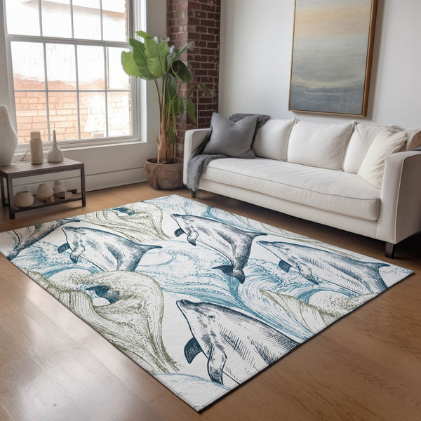 HomeRoots 8' X 10' Nautical Washable Area Rug - Ivory, Denim Blue & Taupe with UV Protection for Indoor/Outdoor Use 645467