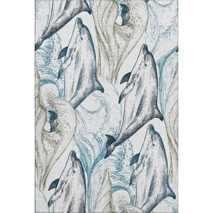 HomeRoots 8' X 10' Nautical Washable Area Rug - Ivory, Denim Blue & Taupe with UV Protection for Indoor/Outdoor Use 645467