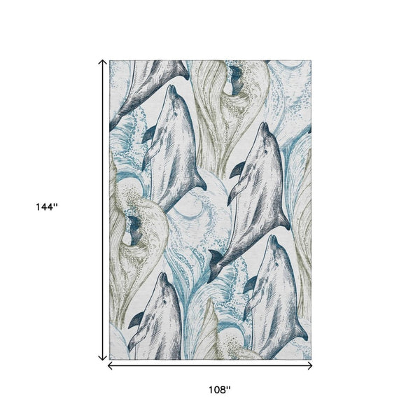 HomeRoots 9' Coastal-Inspired Washable Area Rug in Ivory, Denim Blue & Taupe with UV Protection & Stain Resistance 645468