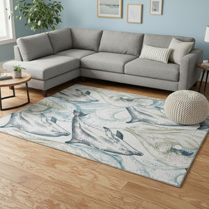 HomeRoots 9' Coastal-Inspired Washable Area Rug in Ivory, Denim Blue & Taupe with UV Protection & Stain Resistance 645468