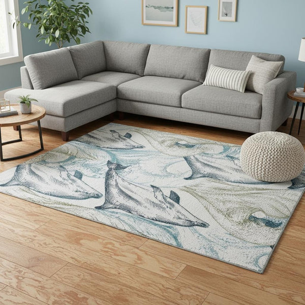 HomeRoots 9' Coastal-Inspired Washable Area Rug in Ivory, Denim Blue & Taupe with UV Protection & Stain Resistance 645468
