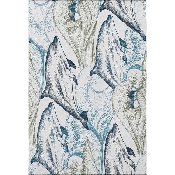 HomeRoots 9' Coastal-Inspired Washable Area Rug in Ivory, Denim Blue & Taupe with UV Protection & Stain Resistance 645468