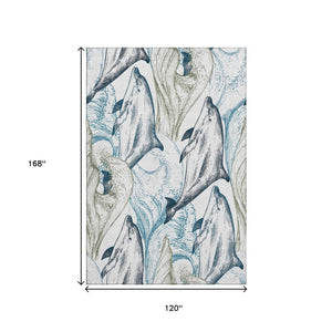 HomeRoots 10' Coastal Charm Washable Area Rug in Ivory, Denim Blue & Taupe – UV Protected & Stain Resistant! 645469
