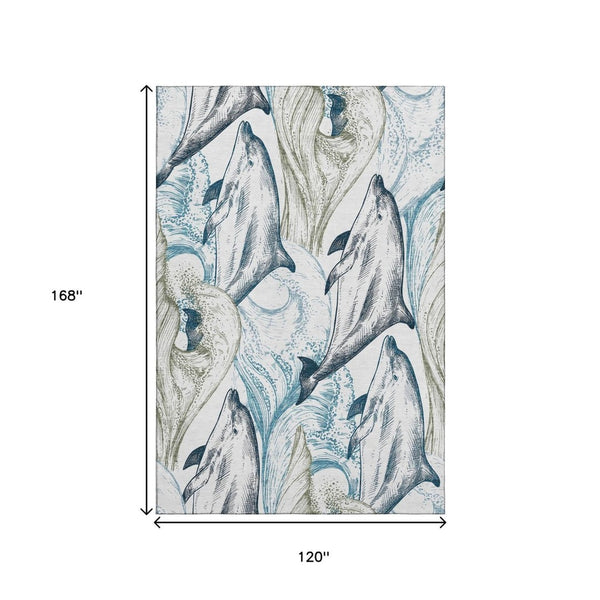 HomeRoots 10' Coastal Charm Washable Area Rug in Ivory, Denim Blue & Taupe – UV Protected & Stain Resistant! 645469
