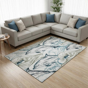 HomeRoots 10' Coastal Charm Washable Area Rug in Ivory, Denim Blue & Taupe – UV Protected & Stain Resistant! 645469