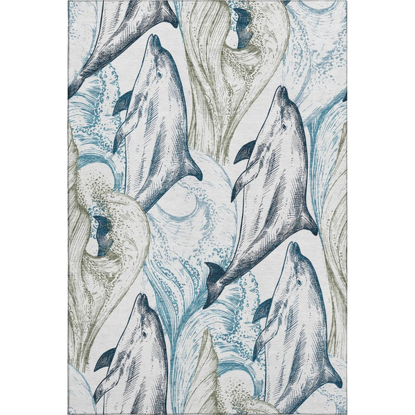 HomeRoots 10' Coastal Charm Washable Area Rug in Ivory, Denim Blue & Taupe – UV Protected & Stain Resistant! 645469