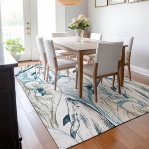 HomeRoots 10' Coastal Charm Washable Area Rug in Ivory, Denim Blue & Taupe – UV Protected & Stain Resistant! 645469