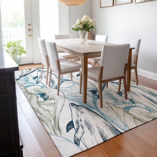 HomeRoots 10' Coastal Charm Washable Area Rug in Ivory, Denim Blue & Taupe – UV Protected & Stain Resistant! 645469