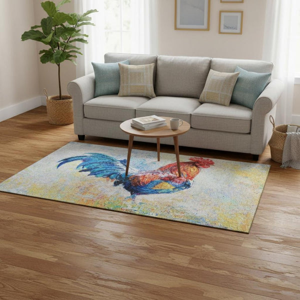 HomeRoots 5' X 8' Washable Animal Print Area Rug in Vibrant Blue, Gold, Red & Ivory – Stain-Resistant & Durable! 645471