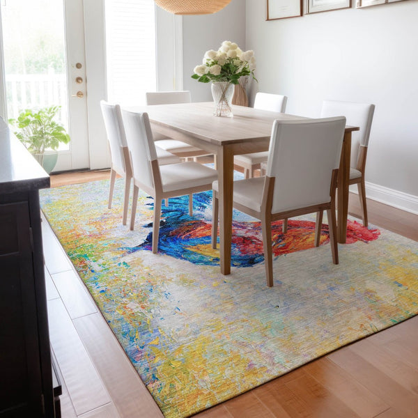 HomeRoots 5' X 8' Washable Animal Print Area Rug in Vibrant Blue, Gold, Red & Ivory – Stain-Resistant & Durable! 645471