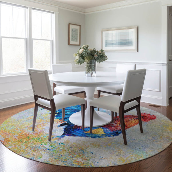 HomeRoots 8' Colorful Animal Print Round Rug – Washable, UV Protected, Durable Floor Covering for Busy Homes 645472