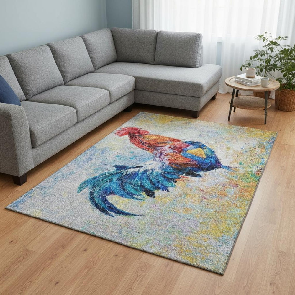 HomeRoots 8' X 10' Washable Animal Print Area Rug in Blue, Gold, Red & Ivory - UV Protection & Easy Care! 645473