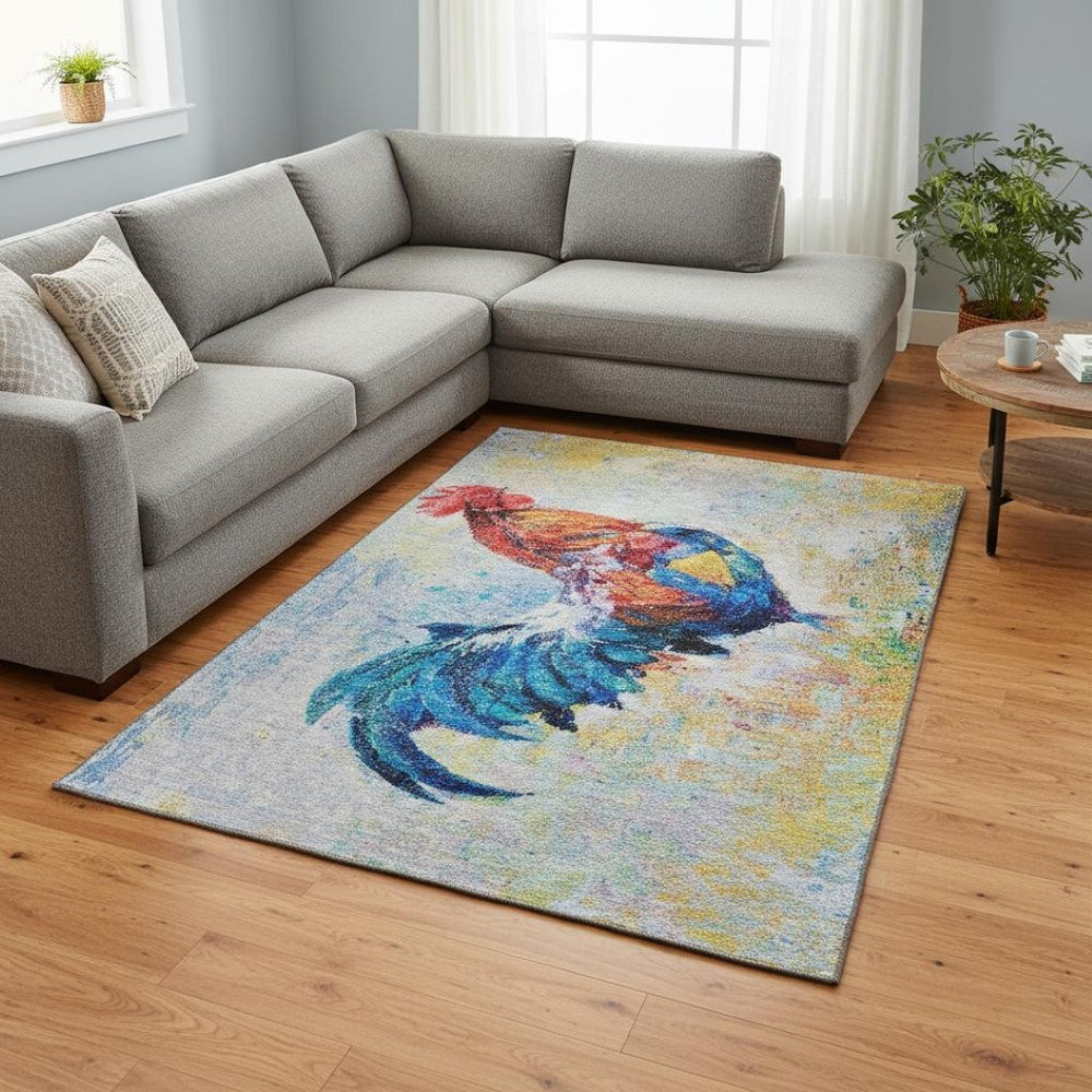 HomeRoots 9' X 12' Animal Print Area Rug in Blue, Gold, Red & Ivory - Washable, UV Protected & Stain-Resistant 645474