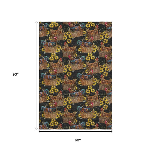 HomeRoots 5' X 8' Animal Print Area Rug in Midnight Yellow & Brown - Washable, Stain-Resistant & Stylish! 645477