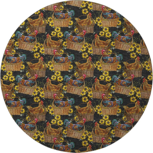 HomeRoots 8' Washable Round Rug in Midnight Yellow & Brown Animal Print - UV Protected, Durable, Stylish Decor 645478
