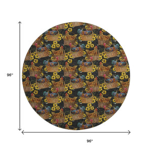 HomeRoots 8' Washable Round Rug in Midnight Yellow & Brown Animal Print - UV Protected, Durable, Stylish Decor 645478