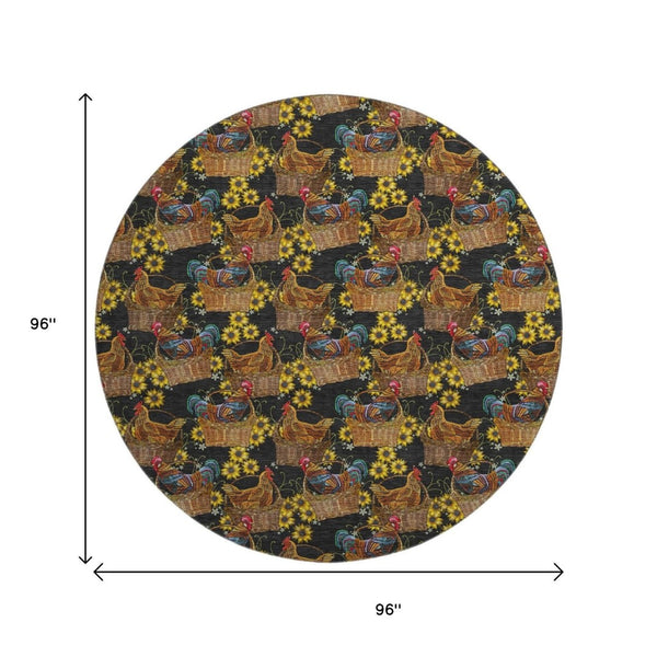 HomeRoots 8' Washable Round Rug in Midnight Yellow & Brown Animal Print - UV Protected, Durable, Stylish Decor 645478