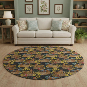 HomeRoots 8' Washable Round Rug in Midnight Yellow & Brown Animal Print - UV Protected, Durable, Stylish Decor 645478
