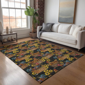 HomeRoots 8' X 10' Washable Area Rug - Bold Midnight Yellow & Brown Animal Print with UV Protection & Stain Resistance 645479