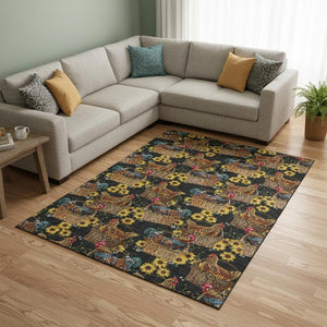 HomeRoots 8' X 10' Washable Area Rug - Bold Midnight Yellow & Brown Animal Print with UV Protection & Stain Resistance 645479