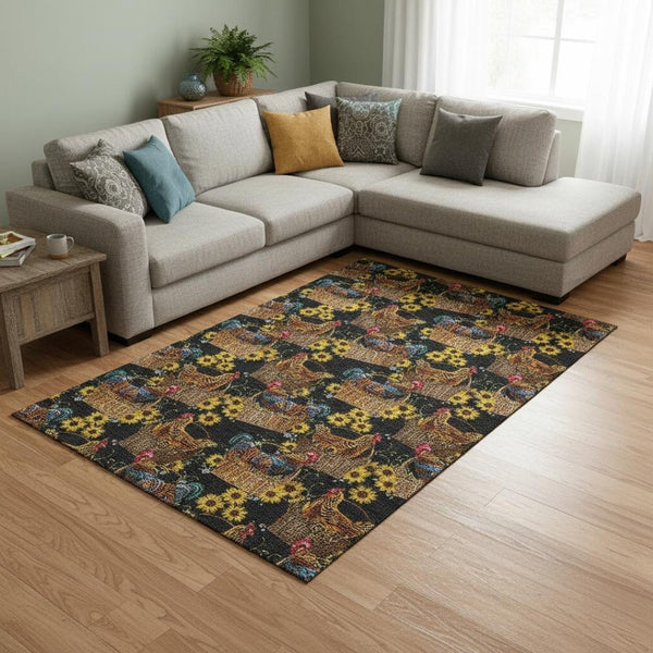 HomeRoots 9' X 12' Washable Animal Print Area Rug in Midnight Yellow & Brown with UV Protection & Stain Resistance 645480