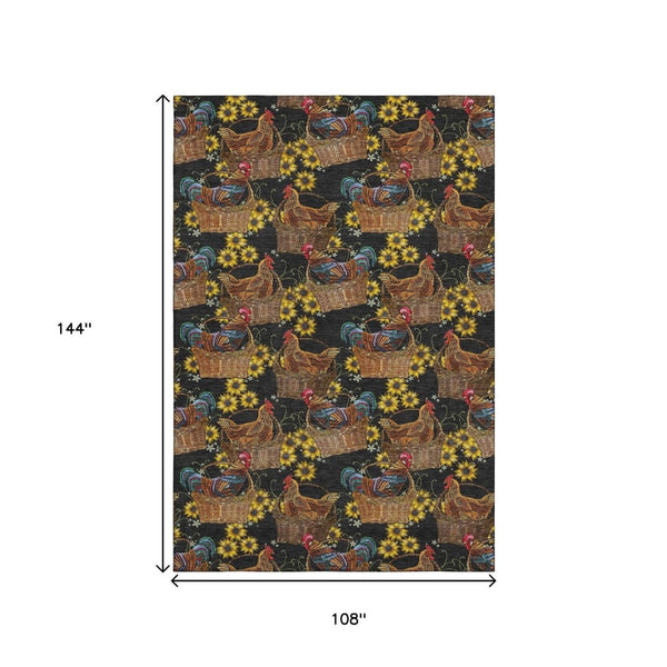 HomeRoots 9' X 12' Washable Animal Print Area Rug in Midnight Yellow & Brown with UV Protection & Stain Resistance 645480