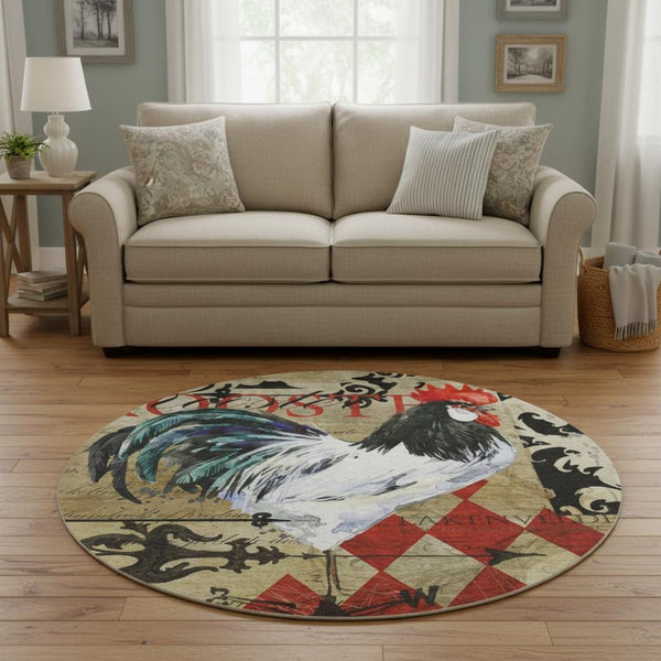 HomeRoots 8' Stylish Midnight Red & Beige Animal Print Washable Round Rug with UV Protection for Versatile Spaces 645484