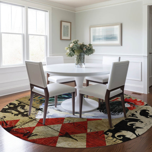 HomeRoots 8' Stylish Midnight Red & Beige Animal Print Washable Round Rug with UV Protection for Versatile Spaces 645484