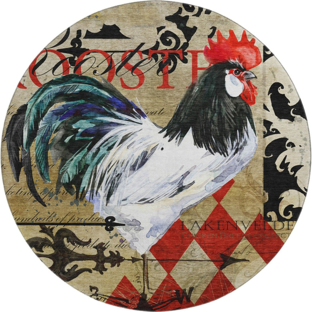 HomeRoots 8' Stylish Midnight Red & Beige Animal Print Washable Round Rug with UV Protection for Versatile Spaces 645484