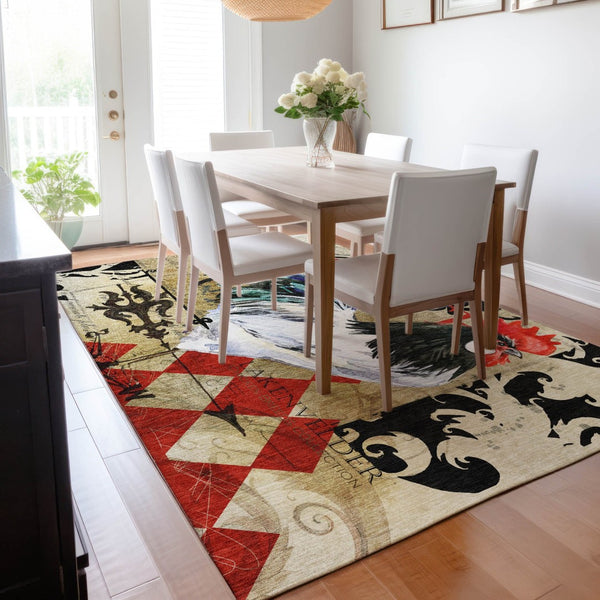 HomeRoots 9' X 12' Midnight Red & Beige Washable Animal Print Rug - Durable, UV-Protected & Stylish Home Accent 645486