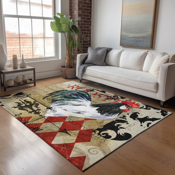 HomeRoots 10' X 14' Midnight Red & Beige Animal Print Rug - Washable, UV Protected & Ideal for Cozy Spaces 645487