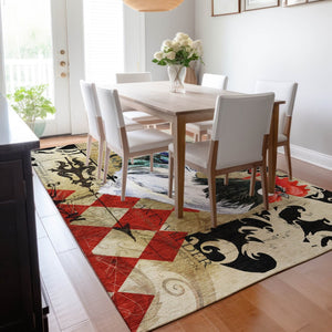 HomeRoots 10' X 14' Midnight Red & Beige Animal Print Rug - Washable, UV Protected & Ideal for Cozy Spaces 645487