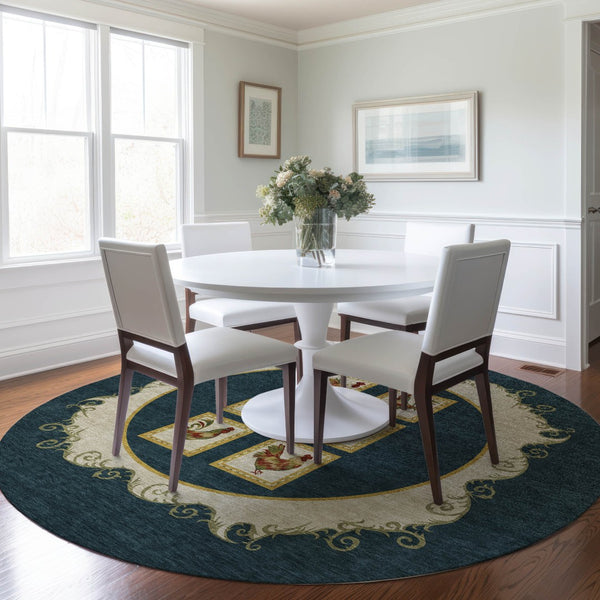 HomeRoots 8' Midnight Gold & Red Animal Print Round Rug - Washable, UV Protected, Stain Resistant for Homes 645490