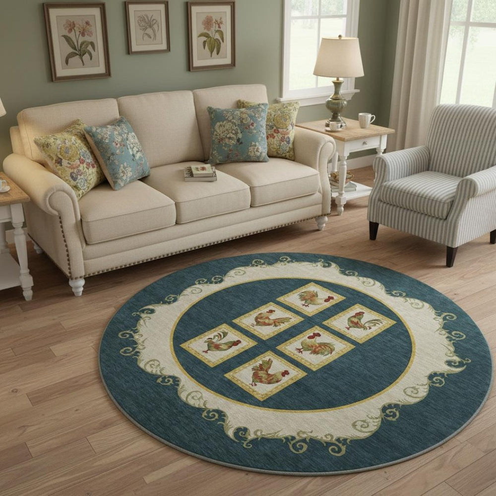 HomeRoots 8' Midnight Gold & Red Animal Print Round Rug - Washable, UV Protected, Stain Resistant for Homes 645490