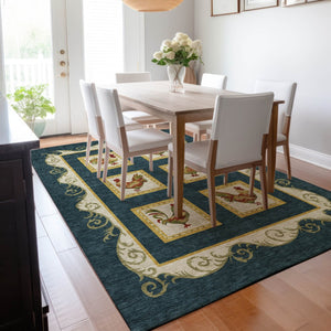 HomeRoots 9' X 12' Stunning Midnight Gold & Red Animal Print Area Rug - Washable, UV Protected & Stain Resistant! 645492