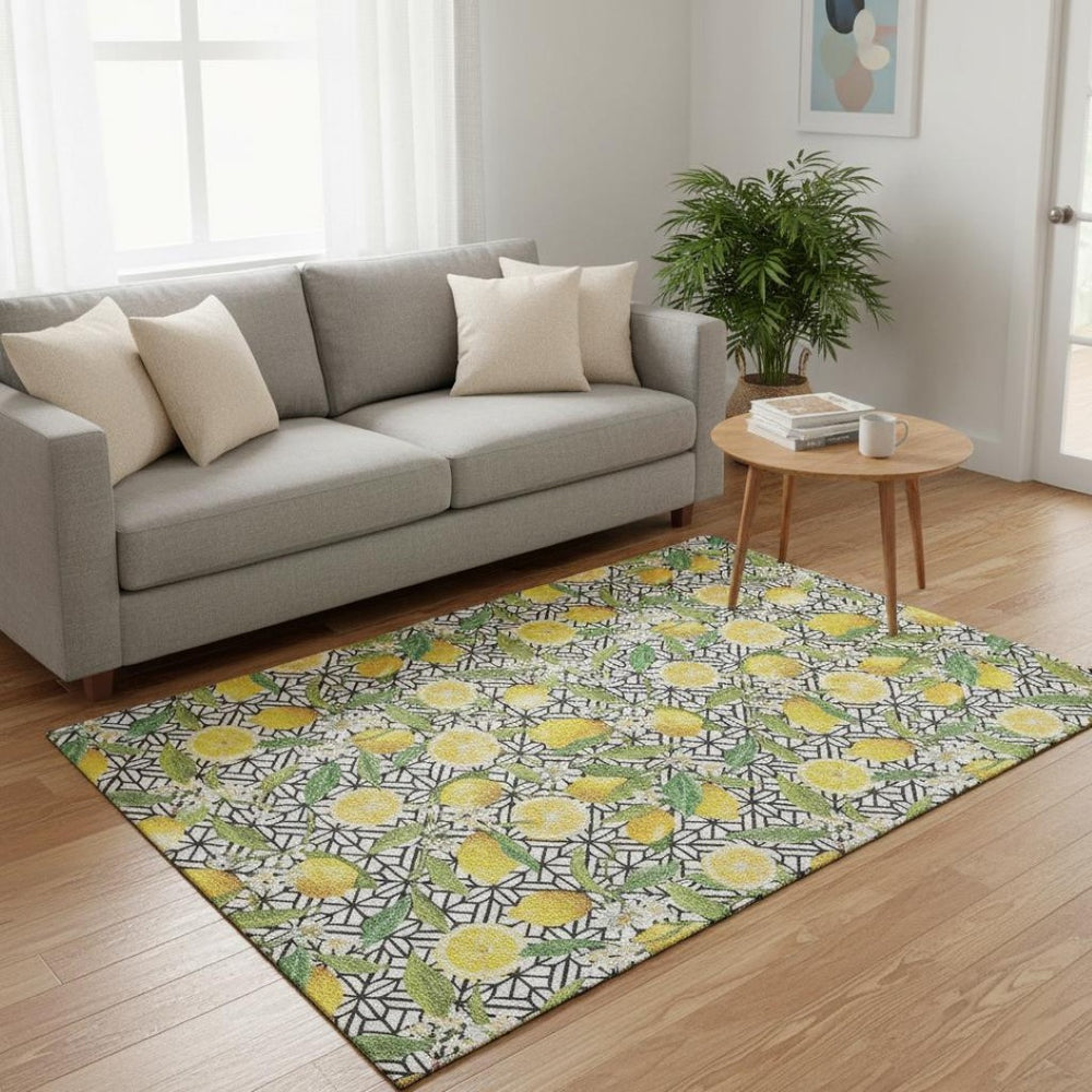 HomeRoots 5' X 8' Washable Botanical Area Rug in Yellow, Ivory & Green - UV Resistant, Durable & Stylish Decor 645495