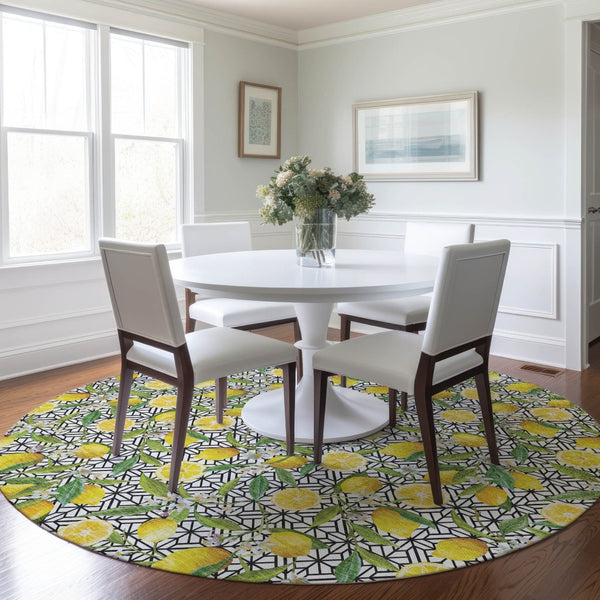 HomeRoots 8' Washable Round Rug with Yellow, Ivory & Green Botanical Leaves - UV Protection & Stain Resistant 645496