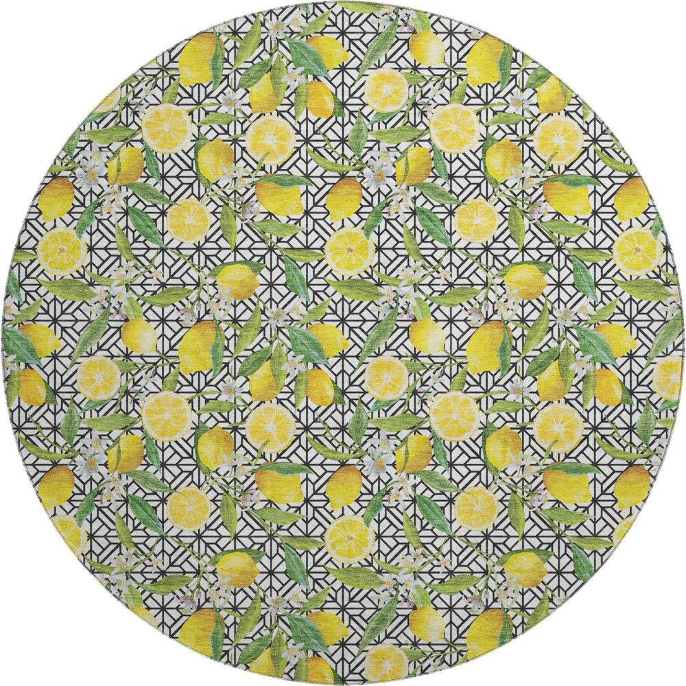 HomeRoots 8' Washable Round Rug with Yellow, Ivory & Green Botanical Leaves - UV Protection & Stain Resistant 645496