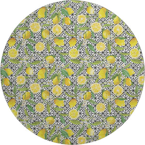 HomeRoots 8' Washable Round Rug with Yellow, Ivory & Green Botanical Leaves - UV Protection & Stain Resistant 645496