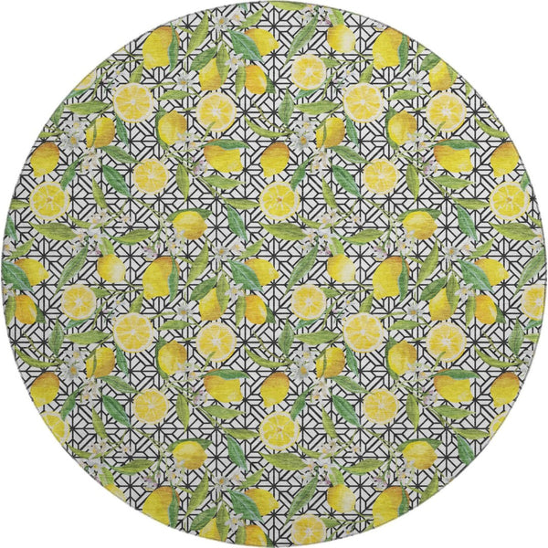 HomeRoots 8' Washable Round Rug with Yellow, Ivory & Green Botanical Leaves - UV Protection & Stain Resistant 645496