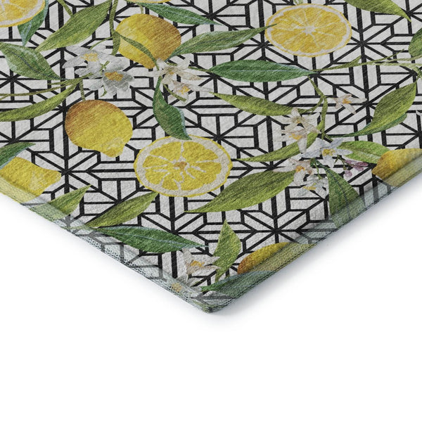 HomeRoots 8' Washable Round Rug with Yellow, Ivory & Green Botanical Leaves - UV Protection & Stain Resistant 645496