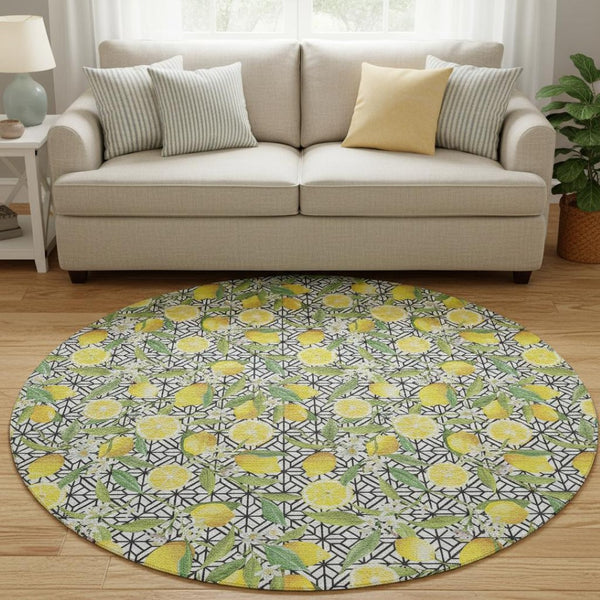 HomeRoots 8' Washable Round Rug with Yellow, Ivory & Green Botanical Leaves - UV Protection & Stain Resistant 645496