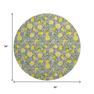 HomeRoots 8' Washable Round Rug with Yellow, Ivory & Green Botanical Leaves - UV Protection & Stain Resistant 645496