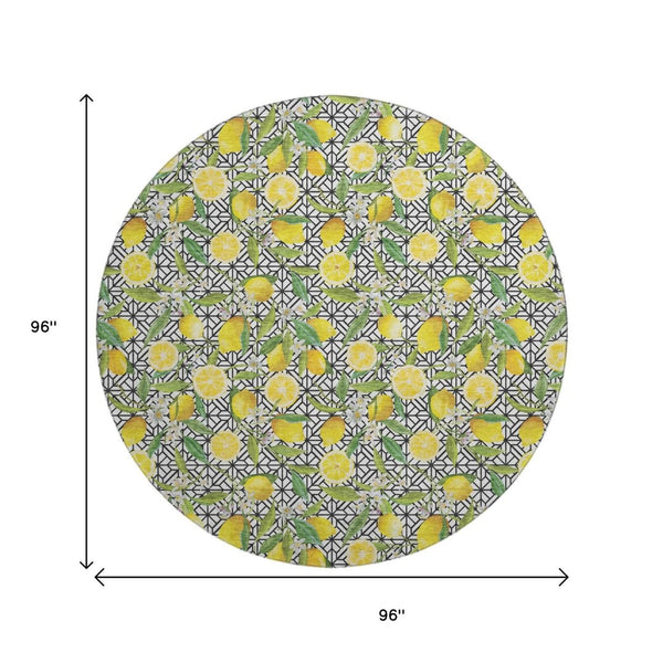 HomeRoots 8' Washable Round Rug with Yellow, Ivory & Green Botanical Leaves - UV Protection & Stain Resistant 645496