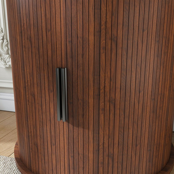English Elm Mid Century Walnut Round End Table with Charging Station and Sliding Door Storage W2700P385517