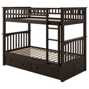 English Elm Twin Over Solid Pine Bunk Bed with Rolling Drawers and Convertible Platform GX000240AAP