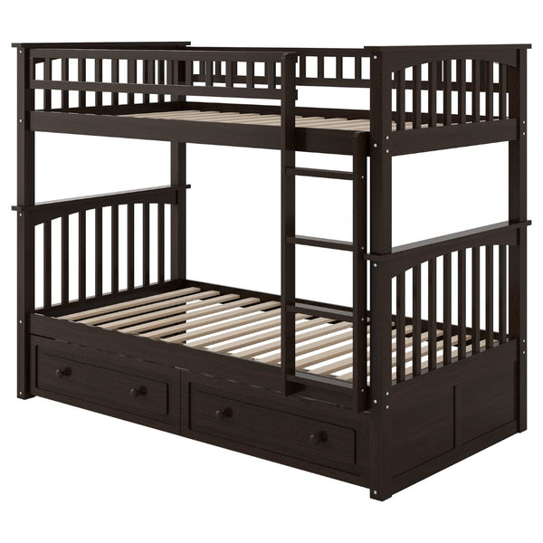 English Elm Twin Over Solid Pine Bunk Bed with Rolling Drawers and Convertible Platform GX000240AAP
