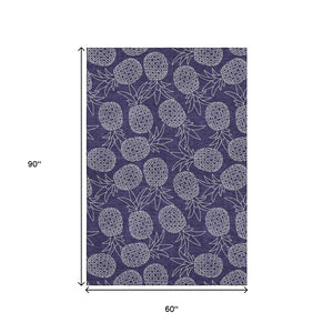 HomeRoots 5' X 8' Blue and Ivory Botanical Leaves Area Rug - Washable, UV-Protected, Durable for Homes with Kids 645501